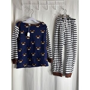 Kids Bear Pajama Set Long‎ Sleeve Navy Blue White Stripe Pants size 6/7 NEW